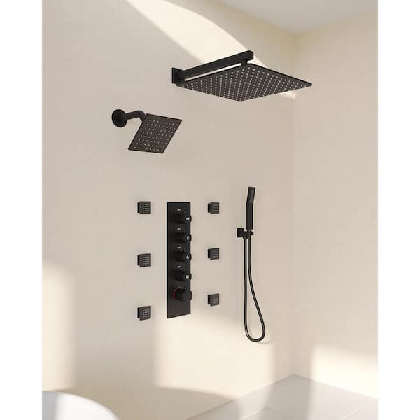 SerenityFlow Shower System 15-Spray 16 and 6 in. Dual Wall Mount Fixed and Handheld Shower Head 2.5 GPM in Matte Black