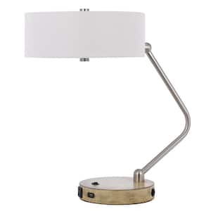 20 in. Nickel Metal Two Light Desk Usb Table Lamp with White Drum Shade