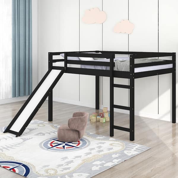 Qualler Espresso Full Size Loft Bed with Slide and Ladder