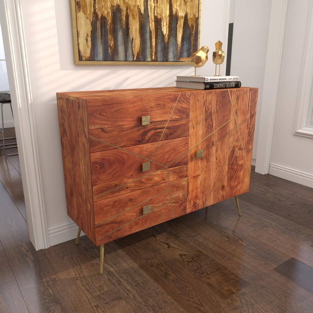 Brown and Gold Metal Wood Buffet with 3 Drawers and 2 Doors