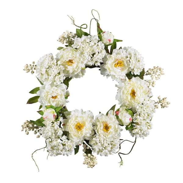 Nearly Natural 20 in. Artificial Peony Hydrangea Wreath