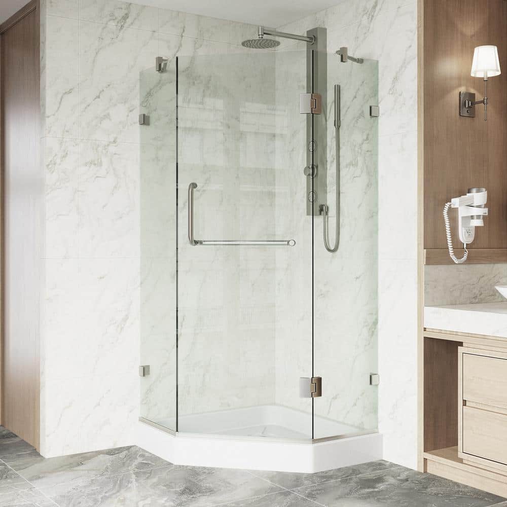 VG6062BNCL36W 36"" x 36"" Clear Glass Frameless Neo Angle Reversible Shower Enclosure with White Base and Brushed Nickel -  Vigo