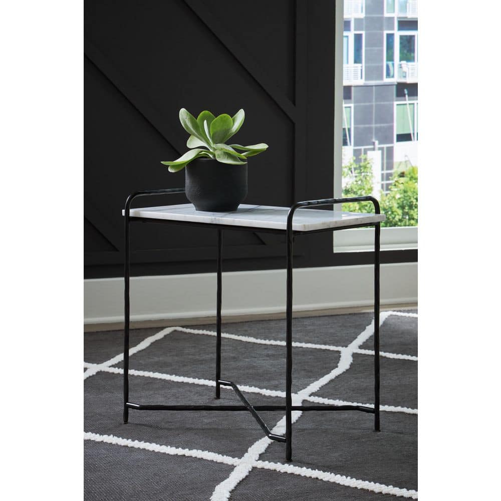 White Marble Top Black Metal Rectangular Accent Table