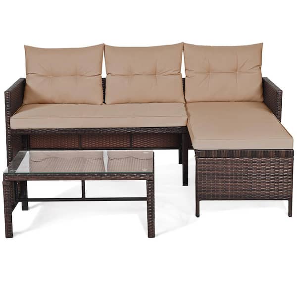 Gymax 3-Pieces Rattan Outdoor Furniture Set Patio Couch Sofa Set with Coffee Table Yellowish Cushion