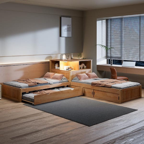 Natural(Brown) Wood Frame Twin Size L-Shaped Platform Bed with Trundle, LED Light, Built-in Desk, Slide-Door Cabinets
