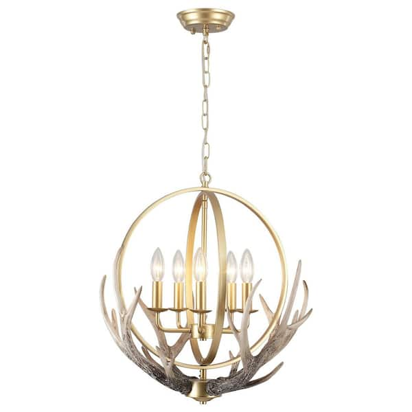 Modern Farmhouse 20 in. 5-Light Gold Globe Candlestick Chandelier with Tree Branch Accents