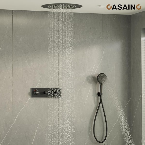 3-Spray Patterns Thermostatic 20 in. Ceiling Mount Rainfall Dual Shower Heads with Hand-Shower in Matte Black