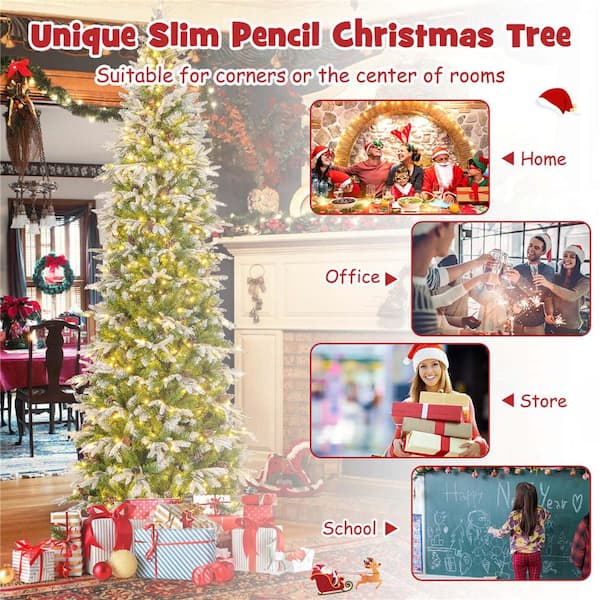 9 ft. Green Prelit LED Flocked Pencil Classic Artificial Christmas Tree with 470-Warm Whites Lights Decorated