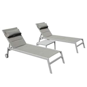 3-Piece Metal Frame Gray Fabric Outdoor Chaise Lounge with Side Table, Wheels and Adjustable Backrest for Poolside