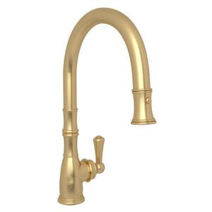Georgian Era Single Handle Pull Down Sprayer Kitchen Faucet with Secure Docking in Satin English Gold