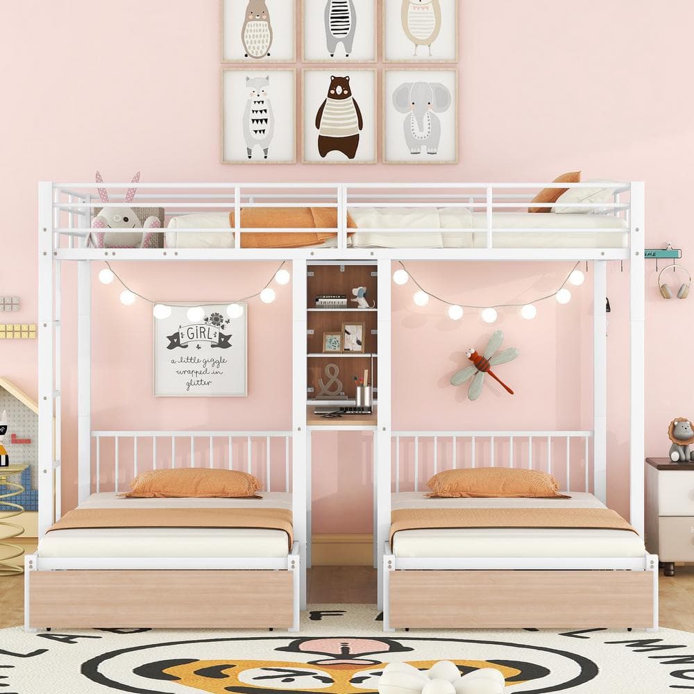 White Metal Triple Bunk Bed with Storage Drawers and Desk