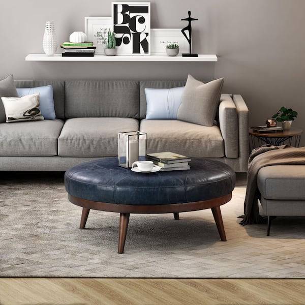 Gio Midnight Blue Leather Round Ottoman