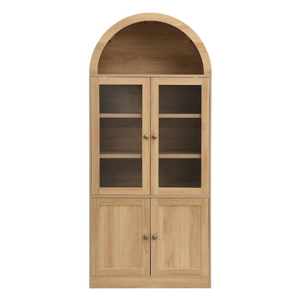 71" Arched Display Cabinet w/Tempered Glass Doors 5-Tier Shelves, Door Organizer Cupboard Pantry Storage Cabinet-Natural