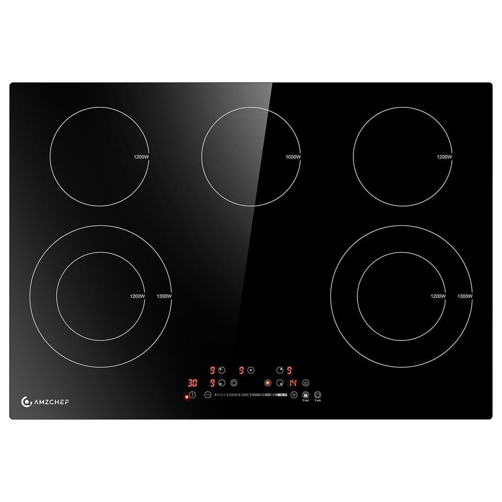 amzchef 30 in. 5-Elements Ceramic Surface Type Electric Cooktop in Black with 16-Heating Levels 8400-Watt and Child Lock