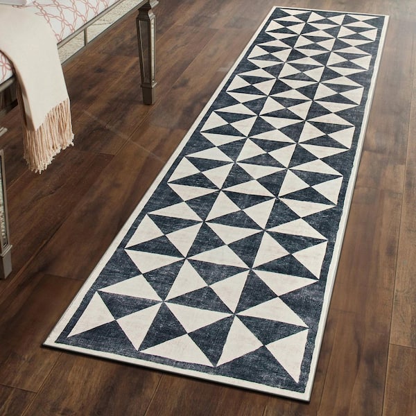 Geometric Diamond Washable Non Slip Cream 2 ft. x 8 ft. Runner Rug