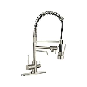 Spring Double Handle Pull Down Sprayer Kitchen Faucet with Drinking Water Outlet, Pot Filler Spray in Brass