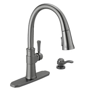 Spargo Single-Handle Pull-Down Sprayer Kitchen Faucet with ShieldSpray and Soap Dispenser in Black Stainless