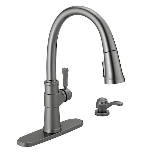 Delta Spargo Single-Handle Pull-Down Sprayer Kitchen Faucet with ShieldSpray and Soap Dispenser in Black Stainless