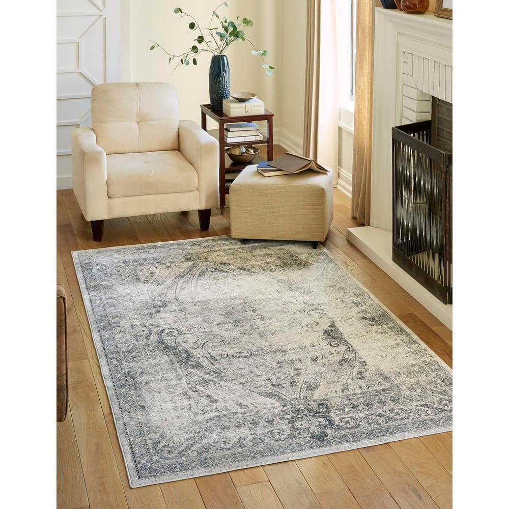 Dark Blue and Grey Rectangular Synthetic Indoor Area Rug