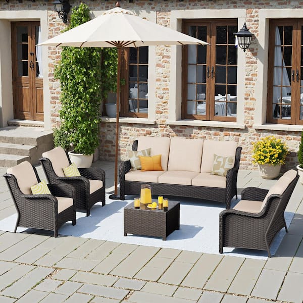 OVIOS Janus Brown 5-Piece Wicker Patio Conversation Seating Set with Beige Cushions and Coffee Table