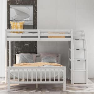 White Detachable L-Shaped Bunk Beds with Storage Stairs, Wood Twin Loft Bed with FulL Platform Bed Frame and Staicases