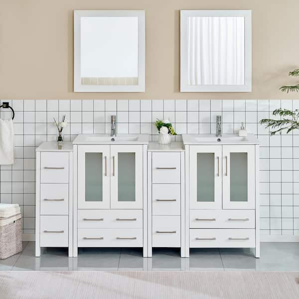 Vanity Art Brescia 72 in. W x 18.1 in. D x 35.8 in. H Double Basin Bathroom Vanity in White with Top in White Ceramic and Mirror