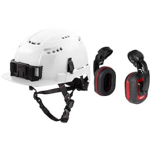 BOLT White Type 2 Class C Front Brim Vented Safety Helmet w/BOLT Earmuffs with Noise Reduction Rating of 24 dB