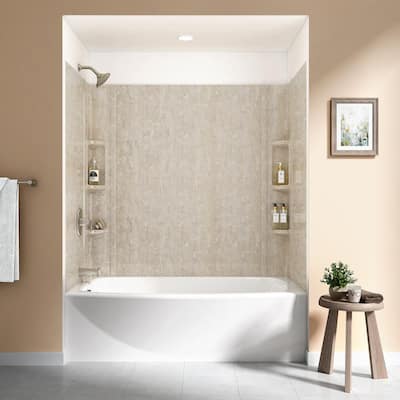 Ovation 32 in. x 60 in. x 59 in. 5-Piece Glue-Up Alcove Bath Wall Set in Sand Travertine