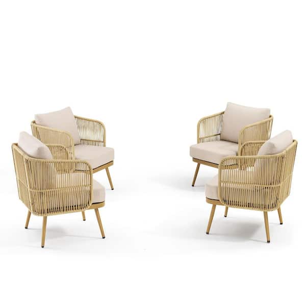 4-Piece Wicker Patio Conversation Set with Beige Cushions, Outdoor Lounge Chairs