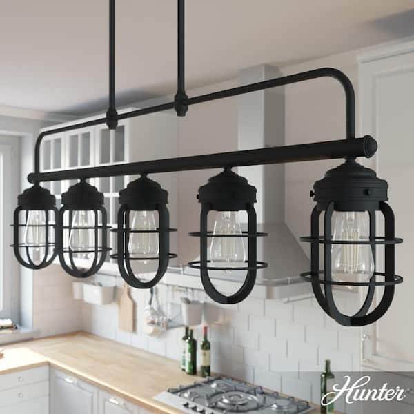 Hunter Starklake 5 Light Natural Iron Linear Chandelier with Metal Shades Kitchen Light