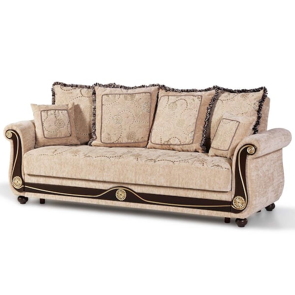 Ottomanson Washington Collection Convertible 95 in. Beige Chenille 3-Seater Twin Sleeper Sofa Bed with Storage
