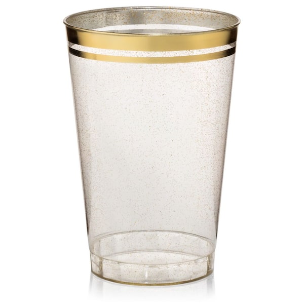 PERFECT SETTINGS 12 oz. 2-Line Gold Rim Gold Glitter Disposable Plastic Cups, Party, Cold Drinks, (100/Pack)