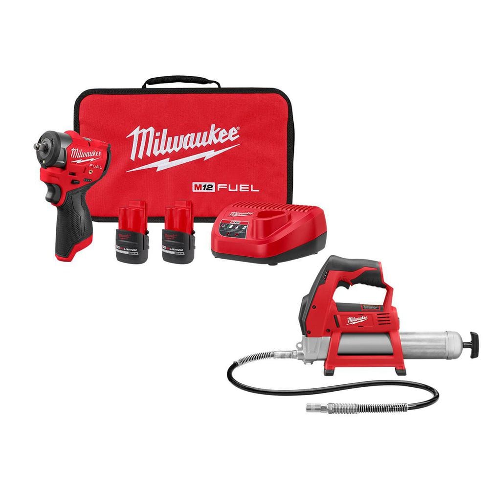 Milwaukee M12 FUEL 12V Lithium-Ion Brushless Cordless 3/8 in. Subcompact Impact Wrench w/ Friction Ring Kit & M12 Grease Gun