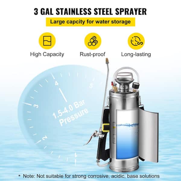 VEVOR 3 Gal. Stainless Steel Sprayer Adjustable Nozzle Hand Pump