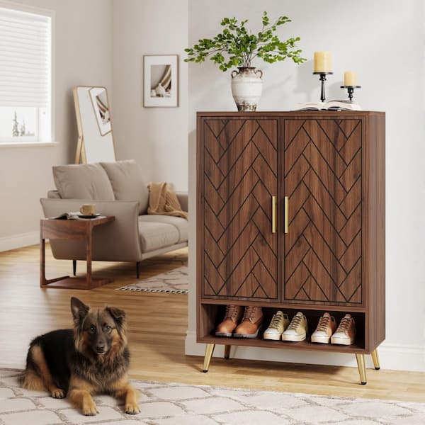 Lauren 43.31 in. H x 29.53 in. W Brown Wood Shoe Storage Cabinet with Doors and 7 Shelves, 24 Pairs