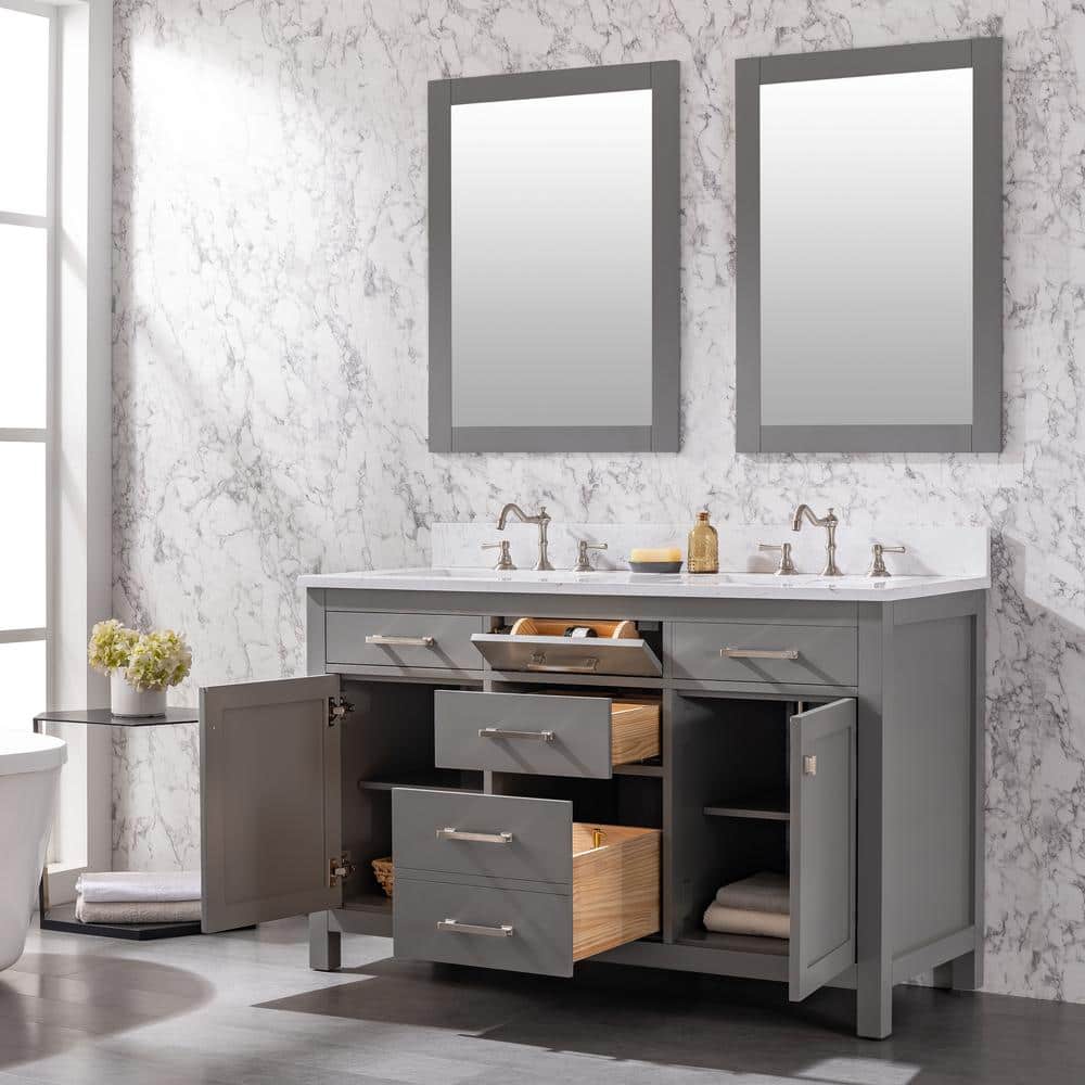 Gray and White 54'' Double Freestanding Bathroom Vanity with Engineered Stone Top