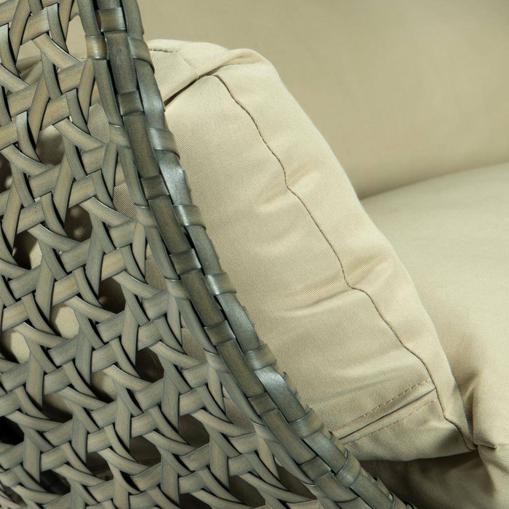 Taupe Wicker Hanging Egg Chair with Beige Cushions