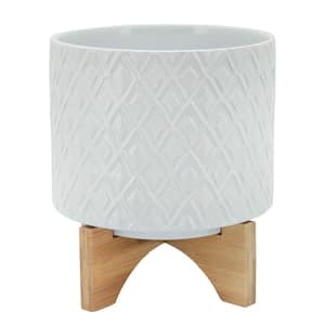 11 in. White Ceramic Diamond Pattern and Wooden Stand Planter
