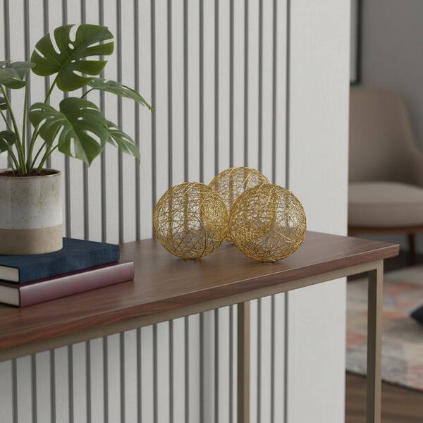 Gold Decorative Metal Spheres Set Of 3 - 4.3 Inch Hollow Band Balls For Home & Table Decor