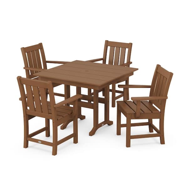POLYWOOD 5-Piece Oxford Farmhouse Plastic Square Outdoor Dining Set in Teak