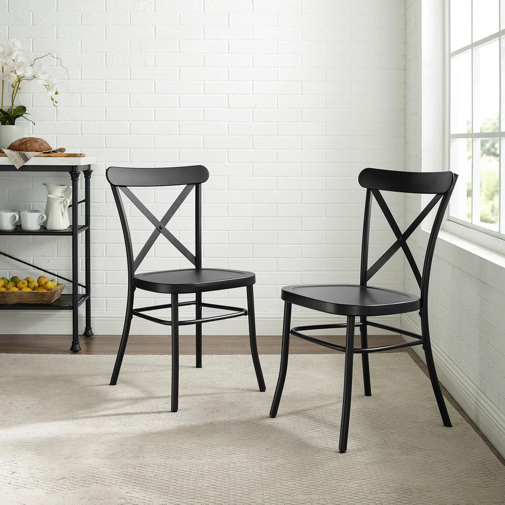 Set of 2 Matte Black Metal Cross Back Industrial Dining Chairs