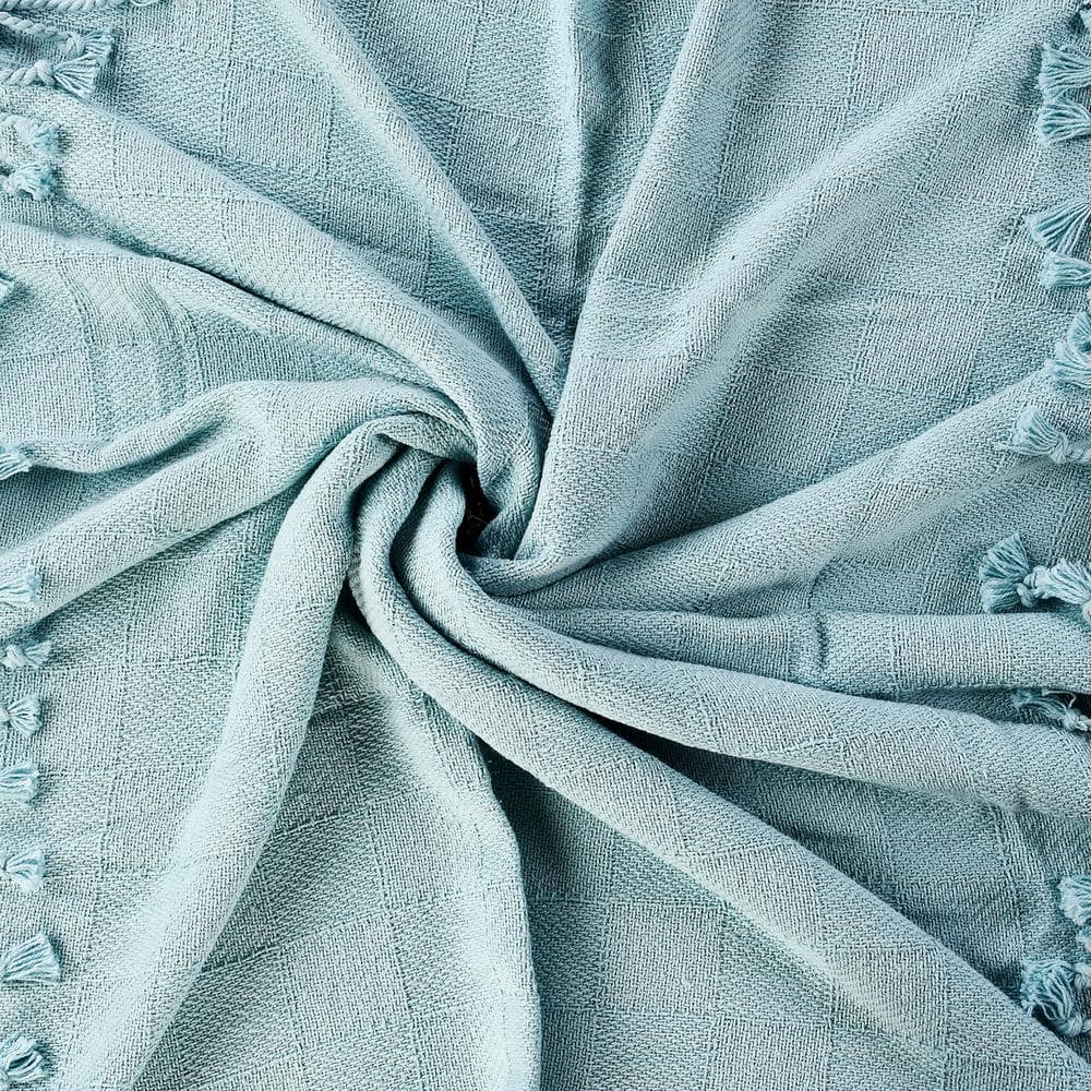 Light Blue Organic Cotton Fringe Throw Blanket 60" x 50"