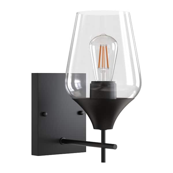YANSUN 13 in. 1-Light Matte Black Wall Sconce with Wine Glass Shade