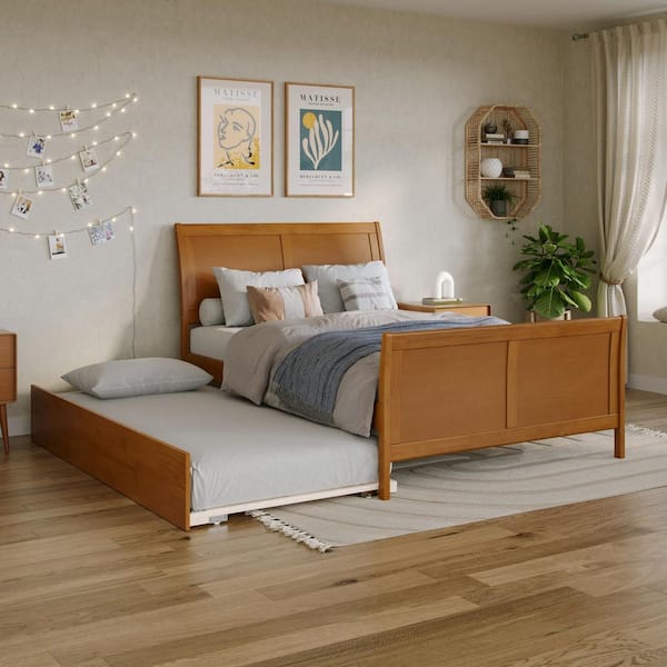 Portland Light Toffee Natural Bronze Solid Wood Frame Full Platform Bed with Matching Footboard and Twin Trundle