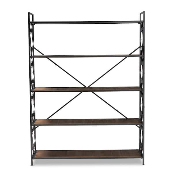 Baxton Studio 65 in. Natural Oak/Black Metal 5-shelf Standard Bookcase with Open Back