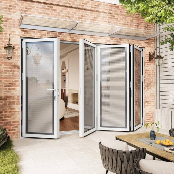 120 in. x 80 in. Right Swing/Outswing Double Tempered Glass White Louver Aluminum Folding Patio Door