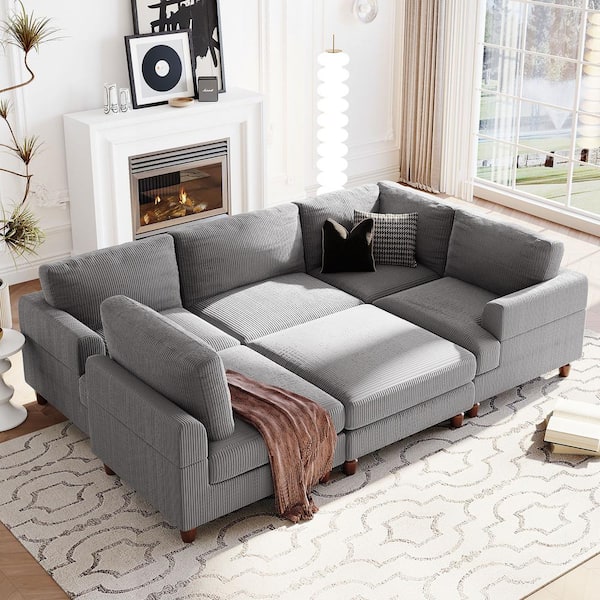 Harper & Bright Designs 98 in. Flared Arm 6-Piece Polyester Modular Sectional Sofa in Gray with Ottoman