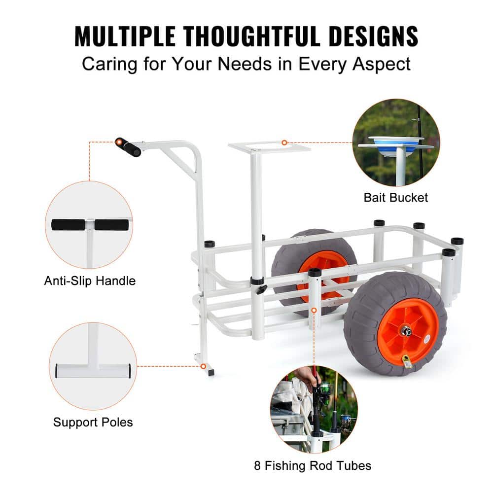 Heavy-Duty White Aluminum Beach Fishing Cart with Balloon Tires