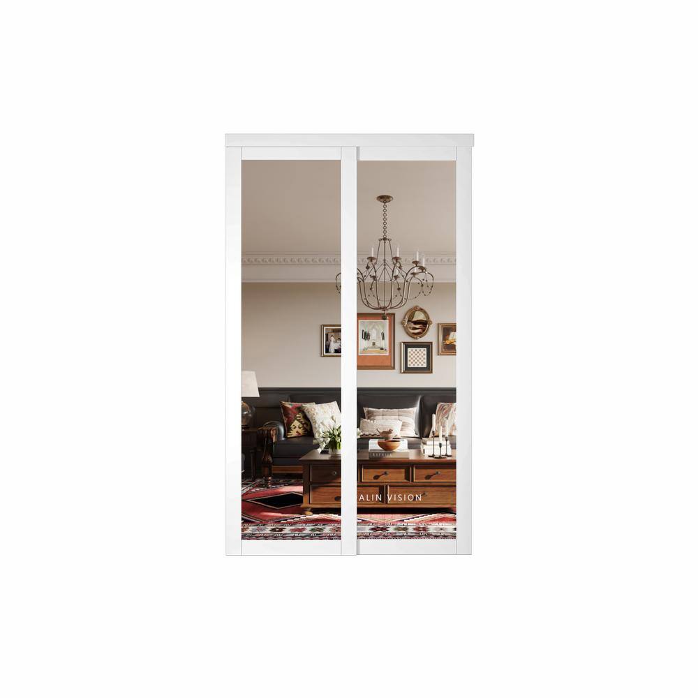 TENONER 48 in. x 80 in. White MDF Sliding Door with Double Mirrored 1