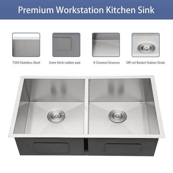 33 in. Undermount Double (50/50) Bowl Stainless Steel Kitchen with Two 9 in. Deep Basin